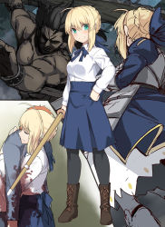 Rule 34 | 1girl, 2boys, ahoge, armor, armored boots, armored dress, artoria pendragon (all), artoria pendragon (fate), black hair, blonde hair, blood, blood on clothes, blue ribbon, blue skirt, blush, boots, braid, breasts, brown footwear, casual, commentary request, cross-laced footwear, dark skin, emiya shirou, fate/stay night, fate (series), french braid, green eyes, hair ribbon, hands on another&#039;s back, heracles (fate), holding, holding sword, holding weapon, hug, knight, long hair, looking at viewer, multiple boys, orange hair, pantyhose, ribbon, saber (fate), shinai, shirt, shiseki hirame, short hair, skirt, small breasts, smile, sword, weapon, white shirt, wooden sword