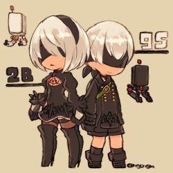 Rule 34 | 1boy, 1girl, black coat, black dress, black gloves, black hairband, black shorts, black thighhighs, blindfold, bob cut, buttons, character name, chibi, closed mouth, coat, covered eyes, dress, feather-trimmed sleeves, feather trim, frown, full body, gloves, hairband, highres, legs apart, mole, mole under mouth, nier:automata, nier (series), pod (nier:automata), puffy short sleeves, puffy sleeves, short dress, short hair, short sleeves, shorts, silver hair, simple background, smile, standing, sunagimo (nagimo), thighhighs, twitter username, yellow background, 2b (nier:automata), 9s (nier:automata), zettai ryouiki
