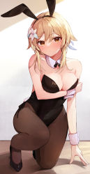Rule 34 | 1girl, absurdres, animal ears, arm under breasts, bare shoulders, black bow, black bowtie, black footwear, black hairband, black leotard, blonde hair, blush, bow, bowtie, breasts, brown eyes, brown pantyhose, cleavage, closed mouth, collar, commentary request, covered navel, detached collar, fake animal ears, flower, full body, genshin impact, hair between eyes, hair flower, hair ornament, hairband, high heels, highres, leotard, long hair, looking at viewer, lumine (genshin impact), medium breasts, on one knee, pantyhose, playboy bunny, rabbit ears, rabbit tail, racchi., shoes, solo, strapless, strapless leotard, tail, white collar, white flower, wing collar, wrist cuffs