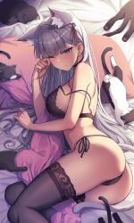 Rule 34 | 1girl, animal, animal ear fluff, animal ears, ass, bare arms, bare shoulders, bed sheet, black bra, black choker, black panties, black thighhighs, blanket, blue eyes, bra, breasts, cat, cat ears, cat girl, cat tail, choker, closed mouth, extra ears, hair ribbon, hand up, lace, lace-trimmed bra, lace trim, large breasts, lying, on bed, on side, one eye closed, original, panties, ribbon, ryuinu, side-tie panties, sideboob, solo, strap slip, string bra, string panties, tail, thighhighs, underwear, underwear only
