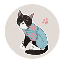 Rule 34 | animal, animal focus, cat, clothed animal, full body, green eyes, grey background, looking at viewer, no humans, original, outline, overalls, paw print, paw print background, que meng meng, round image, shirt, short sleeves, striped clothes, striped shirt, two-tone background, white background, white outline