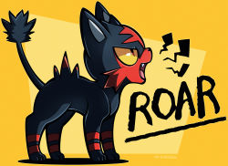 Rule 34 | colored sclera, commentary, creatures (company), english commentary, fang, from side, full body, game freak, gen 7 pokemon, litten, looking up, nintendo, no humans, open mouth, pokemon, pokemon (creature), red eyes, roaring, solo, standing, toes, tongue, woofzilla, yellow background, yellow sclera