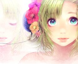 1girl bad_id bad_pixiv_id blue_eyes female_focus flower green_hair gumi headphones lips minami_haruya portrait short_hair solo vocaloid