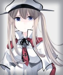 Rule 34 | 10s, 1girl, alternate eye color, blonde hair, blue eyes, breasts, capelet, cross, female focus, graf zeppelin (kancolle), hair between eyes, hat, impossible clothes, jacket, kantai collection, large breasts, long hair, looking at viewer, necktie, peaked cap, sidelocks, simple background, solo, tsurime, twintails, uniform, upper body, yukichi (sukiyaki39)