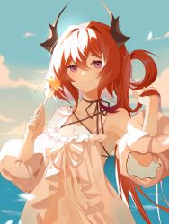 Rule 34 | 1girl, arknights, blue sky, breasts, cleavage, demon girl, demon horns, evening, fork, hair intakes, hair rings, highres, holding, holding fork, horns, long hair, long sleeves, looking at viewer, official alternate costume, outdoors, portrait, purple eyes, sky, small breasts, smile, solo, surtr (arknights), surtr (colorful wonderland) (arknights), upper body, very long hair, yuanxi (mijiang165)