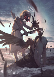 Rule 34 | 2boys, absurdres, angel, angel wings, black dress, black wings, cloud, cloudy sky, commentary, cross, day, dress, feathered wings, feathers, from behind, gas mask, glowing, grey hair, halo, highres, holding, long hair, looking at another, machete, male focus, mask, medium hair, multiple boys, neg (101neg), original, outdoors, red eyes, sky, sleeveless, sunlight, water, white dress, white wings, wings