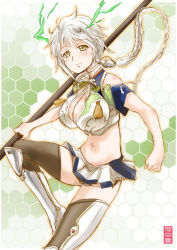 Rule 34 | 10s, 1girl, alternate color, antlers, arms at sides, asymmetrical hair, bare shoulders, braid, breasts, brown thighhighs, cleavage cutout, clothing cutout, cloud print, commentary request, crop top, flight deck, full body, hair ornament, horns, kantai collection, large breasts, light smile, long hair, looking at viewer, maira gen, midriff, miniskirt, multicolored background, navel, silver hair, single braid, sketch, skirt, solo, staff, thighhighs, thighs, unryuu (kancolle), very long hair, wavy hair, yellow eyes