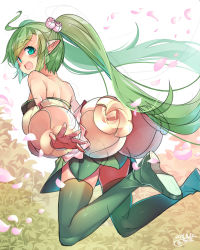 Rule 34 | 1girl, :d, absurdres, ahoge, ass, bare shoulders, blush, boots, dated, dress, flower, from side, green eyes, green footwear, green hair, green skirt, green thighhighs, hair flower, hair ornament, highres, kokka han, long hair, looking at viewer, looking to the side, marurur, matching hair/eyes, open mouth, petals, pointy ears, signature, skirt, smile, solo, strapless, strapless dress, summon night, summon night 3, thigh boots, thighhighs, twintails, very long hair