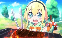 Rule 34 | 1girl, aimusu, amano pikamee, blonde hair, blue eyes, blush stickers, bracelet, breasts, cloud, cooking, day, dinosaur tail, drooling, english text, food, grass, grill, grilling, hair between eyes, hairband, highres, hood, hoodie, jewelry, meat, medium breasts, mouth drool, nail polish, official alternate costume, outdoors, saliva, sharp teeth, smile, solo, spiked bracelet, spikes, steak, tail, teeth, tongs, tree, virtual youtuber, voms