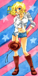 Rule 34 | 1girl, america (hetalia), axis powers hetalia, bad id, bad pixiv id, boots, cowboy hat, front-tie top, full body, genderswap, genderswap (mtf), hand on own hip, hat, marker (medium), midriff, millipen (medium), navel, orologio, shirt, shorts, solo, stampede string, star (symbol), striped, tied shirt, traditional media, cowboy western