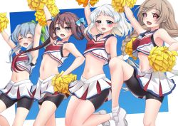 Rule 34 | 4girls, absurdres, arm up, armpits, arms up, asagumo (kancolle), bike shorts under skirt, black shorts, blue eyes, blush, braid, brown hair, cheering, cheerleader, closed eyes, grey eyes, grey hair, highres, holding, holding pom poms, kantai collection, light brown hair, long hair, makura (y makura), minegumo (kancolle), multiple girls, natsugumo (kancolle), navel, open mouth, pom pom (cheerleading), pom poms, red eyes, shoes, shorts, skirt, smile, twin braids, twintails, white footwear, white hair, yamagumo (kancolle)