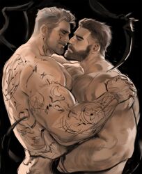 Rule 34 | 2boys, abs, alternate facial hair, arm hair, arthropod limbs, ass, bara, beard, black hair, chest hair, closed eyes, david king (dead by daylight), dead by daylight, dopey (dopq), facial hair, from side, full-body tattoo, goatee, grey hair, hairy, hand on another&#039;s shoulder, hand on another&#039;s waist, highres, imminent kiss, large pectorals, long sideburns, male focus, mature male, multiple boys, muscular, muscular male, mustache, navel, nipples, old, old man, pectoral docking, pectoral press, pectorals, scar, scar across eye, short hair, sideburns, tattoo, thick eyebrows, thick mustache, thick thighs, thighs, undercut, vittorio toscano, yaoi