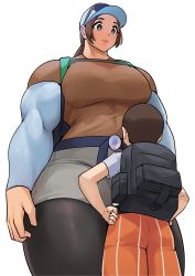Rule 34 | 1boy, 1girl, absurdres, arms at sides, backpack, bag, baseball cap, blue eyes, breasts, brown hair, creatures (company), eyewear on head, game freak, hands on own hips, hat, height difference, highres, hiker (pokemon), large breasts, light smile, long sleeves, musctonk, muscular, muscular female, naranja academy school uniform, nintendo, pantyhose, pokemon, pokemon sv, ponytail, school uniform, shirt, short hair, short sleeves, shorts, size difference, tall, tall female, very short hair