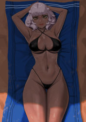 Rule 34 | 1girl, absurdres, armpits, arms up, beach, beach towel, bikini, black bikini, breasts, brown eyes, commentary, dark-skinned female, dark skin, highres, large breasts, league of legends, looking at viewer, lying, moonlit, navel, on back, parted lips, qiyana (league of legends), sand, shade, shadow, short hair, skindentation, smile, solo, sweat, swimsuit, thigh gap, thighs, towel, white hair