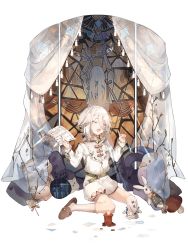 Rule 34 | 1boy, androgynous, belt, blouse, bow, candle, closed eyes, food fantasy, green belt, hair between eyes, head tilt, highres, holding, holding paper, jingzhongyin, looking at viewer, looking back, mousse (food fantasy), official art, pale skin, paper, rabbit, ribbon, second-party source, shirt, shirt bow, silver hair, smile, socks, stuffed animal, stuffed rabbit, stuffed toy, transparent background, trap, white shirt