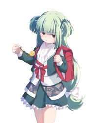 Rule 34 | 1girl, backpack, bag, blunt bangs, blunt ends, bow, collared shirt, commentary, cowboy shot, crime prevention buzzer, cropped jacket, frilled skirt, frills, fuyu (winter90290612), green hair, green jacket, green ribbon, green skirt, hair bow, hair ribbon, hand up, highres, hime cut, jacket, jitome, light blush, long hair, long sleeves, looking at viewer, low-tied long hair, murasame (senren), official alternate costume, official alternate hairstyle, open clothes, open jacket, parted lips, red bag, red eyes, red ribbon, ribbon, school uniform, senren banka, shirt, sidelocks, simple background, skirt, solo, standing, straight hair, two side up, upturned eyes, very long hair, white background, white bow, white shirt