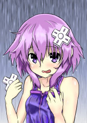 Rule 34 | 10s, 1girl, bare shoulders, blush, breasts, d-pad, hair ornament, highres, kurozero, looking at viewer, neptune (neptunia), neptune (series), open mouth, purple eyes, purple hair, rain, shirt, short hair, small breasts, solo, water, wet, wet clothes, wet hair, wet shirt