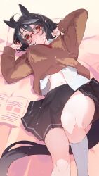 Rule 34 | 1girl, absurdres, ahoge, alternate costume, animal ears, arms up, black hair, black skirt, blush, book, brown cardigan, cardigan, closed mouth, collared shirt, commentary request, double-parted bangs, feet out of frame, hair between eyes, highres, horse ears, horse girl, horse tail, kitasan black (umamusume), knee up, light particles, long sleeves, looking at viewer, lying, midriff peek, multicolored hair, navel, on back, on bed, open book, rectangular eyewear, red-framed eyewear, red eyes, shirt, short hair, skirt, socks, solo, streaked hair, tail, thighs, umamusume, white shirt, white socks, yakousei a