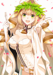 Rule 34 | 10s, 1girl, :d, aestus estus, ahoge, artist name, bare shoulders, belt, blonde hair, blush, breasts, bridal veil, chain, cleavage, collar, fate/extra, fate/extra ccc, fate (series), gloves, green eyes, hair intakes, holding, holding sword, holding weapon, laurel crown, lock, looking at viewer, medium breasts, nero claudius (bride) (fate), nero claudius (bride) (third ascension) (fate), nero claudius (fate), nero claudius (fate) (all), open mouth, padlock, padlocked collar, petals, shinkusora, short hair, smile, solo, sword, veil, weapon, white gloves, wide sleeves, zipper