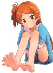 Rule 34 | 1girl, absurdres, bare legs, barefoot, blue dress, blue shorts, blush, cabbage (chlehd2239), collarbone, commentary request, dress, feet, foreshortening, full body, head tilt, highres, hugging own legs, idolmaster, idolmaster million live!, knees up, korean commentary, legs, looking at viewer, ogami tamaki, one side up, orange hair, panties, panty peek, parted bangs, shorts, shorts under dress, simple background, soles, solo, spread toes, toenails, toes, underwear, white background