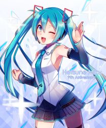 Rule 34 | 1girl, ;d, aqua eyes, aqua hair, armpits, bare shoulders, black thighhighs, blush, character name, detached sleeves, hair between eyes, hatsune miku, headset, highres, long hair, looking at viewer, necktie, nou (nounknown), one eye closed, open mouth, skirt, sleeveless, smile, solo, thighhighs, twintails, very long hair, vocaloid
