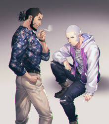 Rule 34 | 2boys, alternate costume, beard, black hair, black pants, blouse, blue eyes, blue shirt, brown footwear, buzz cut, casual, character name, cigarette, collared shirt, contemporary, contrapposto, english text, expressionless, facial hair, feet out of frame, foxvulpine, from side, full body, goatee, golden kamuy, grey hair, hood, hoodie, kiroranke, long sideburns, long sleeves, male focus, multiple boys, open clothes, open hoodie, pants, shiraishi yoshitake, shirt, short hair, sideburns, sitting, smoke, smoking, striped clothes, striped shirt, torn clothes, torn pants, very short hair, white pants