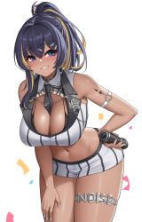 Rule 34 | 1girl, arm strap, bare shoulders, black choker, black hair, black necktie, blonde hair, blue eyes, blush, breasts, choker, commentary, cowboy shot, goddess of victory: nikke, hair ornament, hairclip, highres, holding, holding microphone, large breasts, leaning forward, long hair, looking at viewer, microphone, multicolored hair, navel, necktie, noise (classic diva) (nikke), noise (nikke), official alternate costume, parted lips, ponytail, short shorts, shorts, simple background, sleeveless, smile, solo, streaked hair, teeth, thigh strap, thighs, vertical-striped clothes, vertical-striped necktie, wei xiao, white background, white shorts