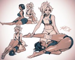 Rule 34 | 2girls, ass, barefoot, breasts, contortion, dark-skinned female, dark skin, exercising, eye of horus, facial mark, facial tattoo, flexible, gradient background, high ponytail, hip focus, legs, mercy (overwatch), midriff, multiple girls, navel, overwatch, overwatch 1, pharah (overwatch), ponytail, simple background, split, sports bra, stomach, stretching, tattoo, thick thighs, thighs, wide hips