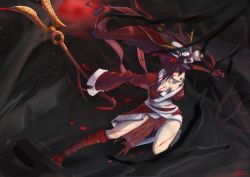 Rule 34 | 1girl, absurdres, akali, akali (legacy), blood, blood moon akali, breasts, cleavage, deathklovc, dual wielding, highres, holding, large breasts, league of legends, long hair, mask, ponytail, red eyes, red hair, solo, squinting, torn clothes, tree, very long hair, weapon