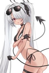 Rule 34 | 1girl, ass, bare shoulders, bikini, black bikini, black bow, black choker, black gloves, black ribbon, blue archive, blush, bow, choker, demon tail, eyewear on head, fang, gloves, grey background, grey hair, hair bow, hair over one eye, half gloves, halo, highres, iori (blue archive), iori (swimsuit) (blue archive), long hair, looking at viewer, multi-strapped bikini bottom, open mouth, pointy ears, purple eyes, ribbon, sentouryoku 5, shiny skin, simple background, skin fang, skindentation, solo, sunglasses, swimsuit, tail, thigh strap, twintails, very long hair