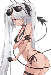 1girl ass bare_shoulders bikini black_bikini black_bow black_choker black_gloves black_ribbon blue_archive blush bow choker demon_tail eyewear_on_head fang gloves grey_background grey_hair hair_bow hair_over_one_eye half_gloves halo highres iori_(blue_archive) iori_(swimsuit)_(blue_archive) long_hair looking_at_viewer multi-strapped_bikini_bottom open_mouth pointy_ears purple_eyes ribbon sentouryoku_5 shiny_skin simple_background skin_fang skindentation solo sunglasses swimsuit tail thigh_strap twintails very_long_hair