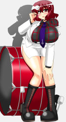 Rule 34 | 1girl, akasode (tyaramu), boots, breasts, drum, highres, horikawa raiko, huge breasts, instrument, jacket, leaning forward, looking at viewer, necktie, off shoulder, open mouth, purple necktie, red eyes, red hair, shirt, short hair, simple background, skirt, smile, solo, touhou