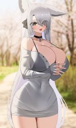 Rule 34 | 1girl, :d, absurdres, animal ears, blurry, blurry background, blush, breasts, choker, cleavage, collarbone, commentary, covered navel, day, dress, english commentary, glasses, glasses over hair, grass, grey dress, grey eyes, hair over one eye, hair ribbon, highres, huge breasts, long hair, looking at viewer, nicorima, open mouth, original, outdoors, own hands clasped, own hands together, ribbon, silver hair, smile, solo, standing, tree, very long hair