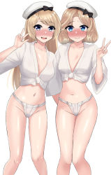 Rule 34 | 2girls, blonde hair, blue eyes, blush, breasts, closed mouth, collarbone, commission, feet out of frame, fundoshi, groin, hat, janus (kancolle), japanese clothes, jervis (kancolle), kantai collection, long hair, multiple girls, navel, open mouth, sailor hat, sasakura (calicchio), short hair, simple background, skeb commission, small breasts, smile, v, white background, white headwear