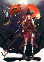 Rule 34 | bad id, bad pixiv id, bell, blonde hair, detached sleeves, hat, highres, hrd, long hair, monster, night, original, pumpkin, smile, solo, thighhighs, witch, witch hat