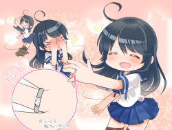 Rule 34 | &gt; &lt;, 0 0, 10s, 1girl, :d, ^ ^, ahoge, black hair, blue skirt, blush, commentary request, embarrassed, closed eyes, jewelry, kantai collection, long hair, neckerchief, nose blush, open mouth, pleated skirt, ring, school uniform, serafuku, short sleeves, skirt, smile, solo, sparkle, sticker, tachiki (naruki), ushio (kancolle), wedding band