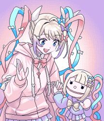 Rule 34 | 1girl, blonde hair, blue bow, blue eyes, blue hair, bow, chouzetsusaikawa tenshi-chan, eencya, hair bow, long hair, long sleeves, multicolored hair, needy girl overdose, open mouth, pink bow, pink hair, purple bow, quad tails, sailor collar, shirt, skirt, smile, twintails