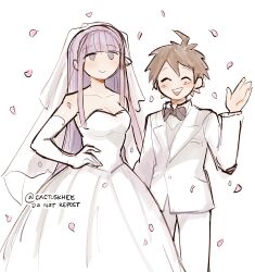 Rule 34 | 1boy, 1girl, :d, ahoge, artist name, bare shoulders, blunt bangs, bow, bowtie, breasts, cleavage, collared shirt, danganronpa: trigger happy havoc, danganronpa (series), dress, elbow gloves, formal, gloves, hand on own hip, hand up, highres, husband and wife, jacket, khee, kirigiri kyoko, large breasts, looking at viewer, naegi makoto, open mouth, pants, petals, pink eyes, pink hair, red bow, red bowtie, shirt, smile, strapless, strapless dress, suit, teeth, upper teeth only, wedding dress, white background, white gloves, white jacket, white pants, white shirt, white suit