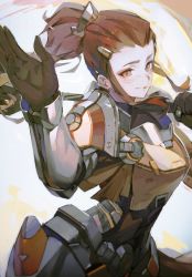 Rule 34 | 1girl, arm up, armor, bad id, bad twitter id, blush, brigitte (overwatch), brown eyes, brown hair, commentary, freckles, gloves, hair ornament, hairclip, holding, holding weapon, hxxg, long hair, looking at viewer, mace, open mouth, over shoulder, overwatch, overwatch 1, ponytail, sidelocks, simple background, smile, standing, weapon, weapon over shoulder, white background