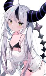 Rule 34 | 1girl, ahoge, bikini, blush, braid, breasts, collarbone, demon horns, dot nose, feet out of frame, flat chest, front-tie bikini top, front-tie top, grey hair, highres, hololive, holox, horns, jacket, la+ darknesss, leaning forward, long hair, looking at viewer, multicolored hair, navel, nocchi (r ws2l), off-shoulder jacket, off shoulder, open mouth, purple hair, side-tie bikini bottom, simple background, single braid, small breasts, solo, swimsuit, tail, twintails, two-tone hair, virtual youtuber, white background, white jacket, yellow eyes