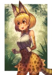 Rule 34 | 10s, 1girl, animal ears, animal print, bare shoulders, blonde hair, bow, breasts, brown eyes, cat ears, cat tail, elbow gloves, gloves, hrtyuk, kemono friends, large breasts, looking away, open mouth, serval (kemono friends), serval print, serval tail, shirt, short hair, skirt, sleeveless, sleeveless shirt, solo, standing, tail, thighhighs, white shirt