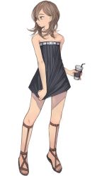 Rule 34 | 1girl, bare shoulders, brown eyes, brown hair, collarbone, dress, drink, drinking straw, full body, gladiator sandals, highres, kaneni, long hair, original, sandals, simple background, solo, standing, white background