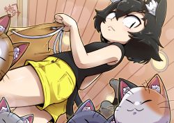 Rule 34 | 1girl, absurdres, animal, animal ear fluff, animal ears, black hair, cat, cat ears, character request, copyright request, dutch angle, female focus, from behind, highres, indoors, looking back, multiple tails, short hair, short shorts, shorts, slit pupils, tail, tokkyuu mikan