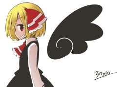 Rule 34 | blonde hair, detached wings, grin, hair ribbon, jagabutter, red eyes, ribbon, rumia, shirt, short hair, simple background, skirt, smile, solo, touhou, vest, wings