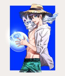 Rule 34 | 1boy, ball, beachball, blue background, blue eyes, brilliant summer, commentary request, cowboy shot, cropped legs, eyewear on head, fate/grand order, fate (series), fingernails, fou (fate), fujimaru ritsuka (male), fujimaru ritsuka (male) (brilliant summer), glasses, green male swimwear, green swim trunks, hat, highres, holding, hood, hood down, hooded jacket, jacket, long sleeves, looking at viewer, male focus, male swimwear, official alternate costume, open clothes, open jacket, pectorals, pince-nez, print male swimwear, print swim trunks, print swimsuit, purple hair, simple background, smile, solo, standing, straw hat, sunglasses, swim trunks, swimsuit, tenobe, topless male