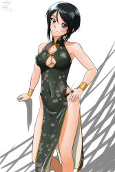 Rule 34 | 1girl, alternate costume, arm support, artist name, black dress, black eyes, black hair, blush, bracelet, breasts, china dress, chinese clothes, chouno ami, cleavage, cleavage cutout, closed mouth, clothing cutout, commentary, covered navel, dated, dress, girls und panzer, halterneck, hand on own hip, head tilt, jewelry, legs, light blush, long dress, looking at viewer, matsui yasutsugu, medium breasts, no pants, one-hour drawing challenge, short hair, side slit, signature, simple background, smile, solo, standing, swept bangs