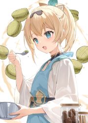 Rule 34 | 1girl, absurdres, apron, ascot, blonde hair, blue eyes, blush, bowl, flat chest, food, hair ornament, hair ribbon, hairband, hana mori, highres, holding, holding bowl, holding spoon, hololive, jar, kazama iroha, long hair, long sleeves, looking away, macaron, open mouth, ponytail, ribbon, scan, shirt, short hair, simple background, smile, solo, spoon, upper body, virtual youtuber, wide sleeves