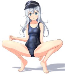 Rule 34 | 1girl, absurdres, anchor symbol, black hat, blue eyes, blue one-piece swimsuit, flat cap, full body, hat, hibiki (kancolle), highres, kantai collection, long hair, looking at viewer, old school swimsuit, one-piece swimsuit, parted lips, school swimsuit, silver hair, simple background, solo, squatting, swimsuit, takafumi, white background