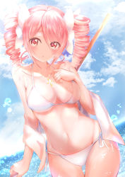 Rule 34 | 1girl, absurdres, bikini, blush, breasts, cloud, cloudy sky, collarbone, cross, cross necklace, day, drill hair, female focus, groin, hair ornament, hair ribbon, halterneck, highres, jashin-chan dropkick, jewelry, large breasts, maddo (gasser 0518), navel, necklace, ocean, open mouth, pink hair, pino (jashin-chan dropkick), red eyes, ribbon, short hair, side-tie bikini bottom, sky, solo, standing, string bikini, swimsuit, twin drills, twintails, white bikini