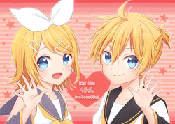 Rule 34 | 1boy, 1girl, :d, bad id, bad pixiv id, black sleeves, blonde hair, blue eyes, bow, brother and sister, character name, collarbone, detached sleeves, hair between eyes, hair bow, hair ornament, hairclip, highres, kagamine len, kagamine rin, kouzuki (reshika213), looking at viewer, neckerchief, open mouth, parted bangs, sailor collar, shirt, siblings, sleeveless, sleeveless shirt, smile, star (symbol), striped, striped background, vocaloid, white bow, white shirt, yellow neckerchief